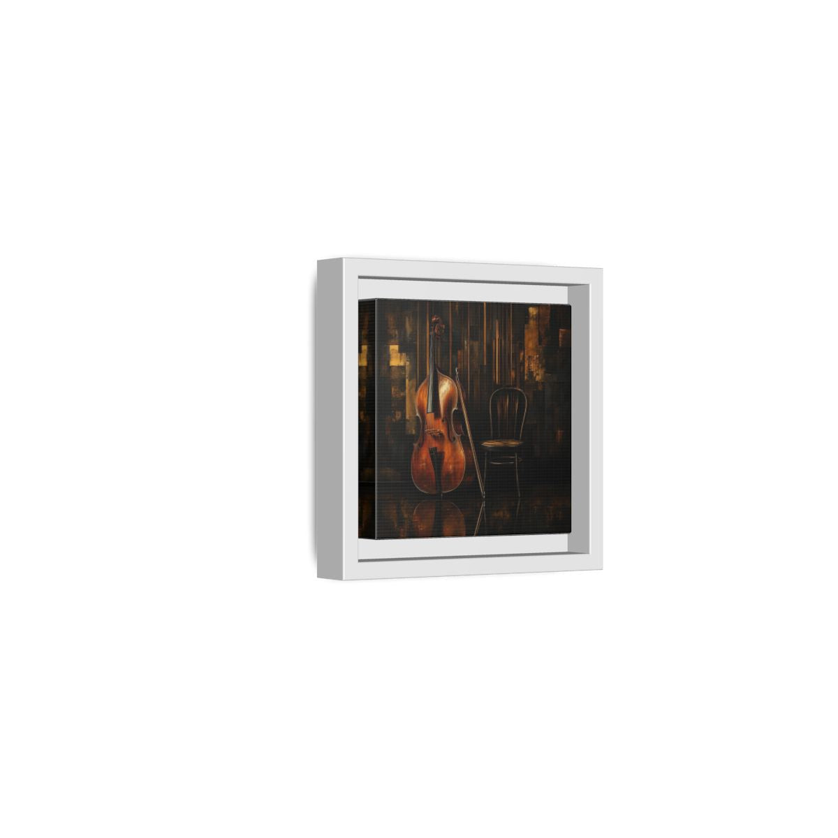 Side Mockup 22. Vintage Double Bass With Chair shown as framed canvas print