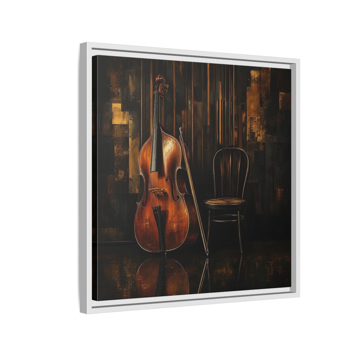 Side Mockup 10. Vintage Double Bass With Chair shown as framed canvas print