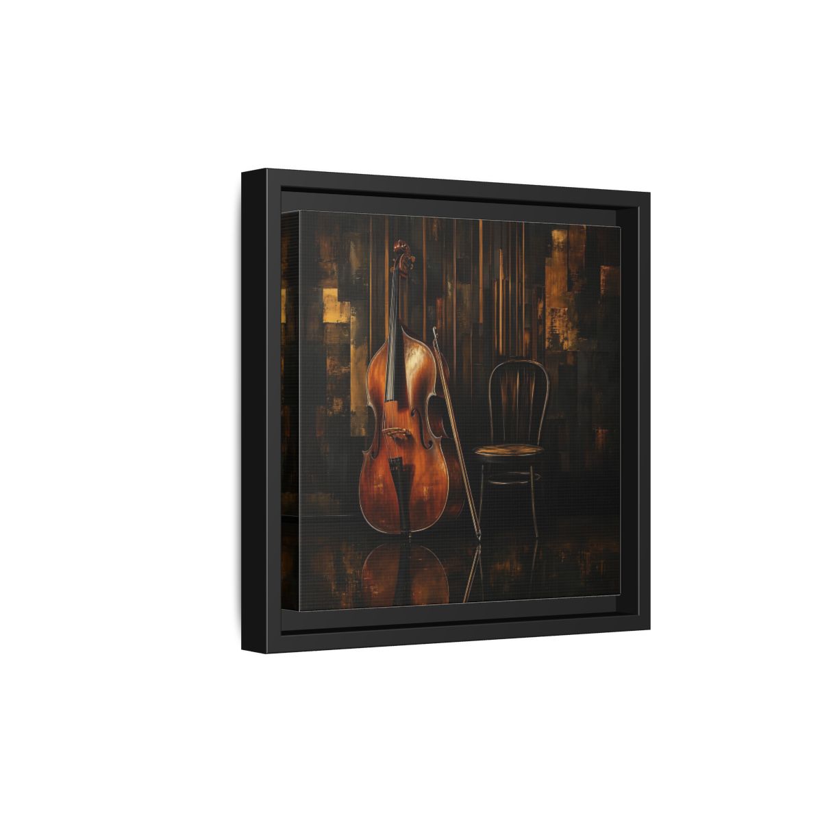 Side Mockup 21. Vintage Double Bass With Chair shown as framed canvas print