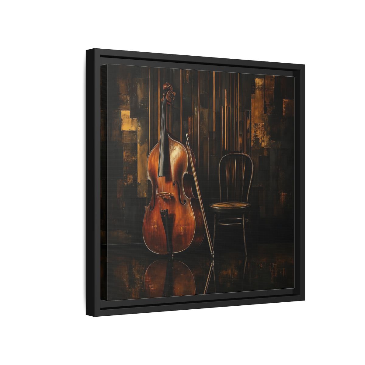 Side Mockup 15. Vintage Double Bass With Chair shown as framed canvas print