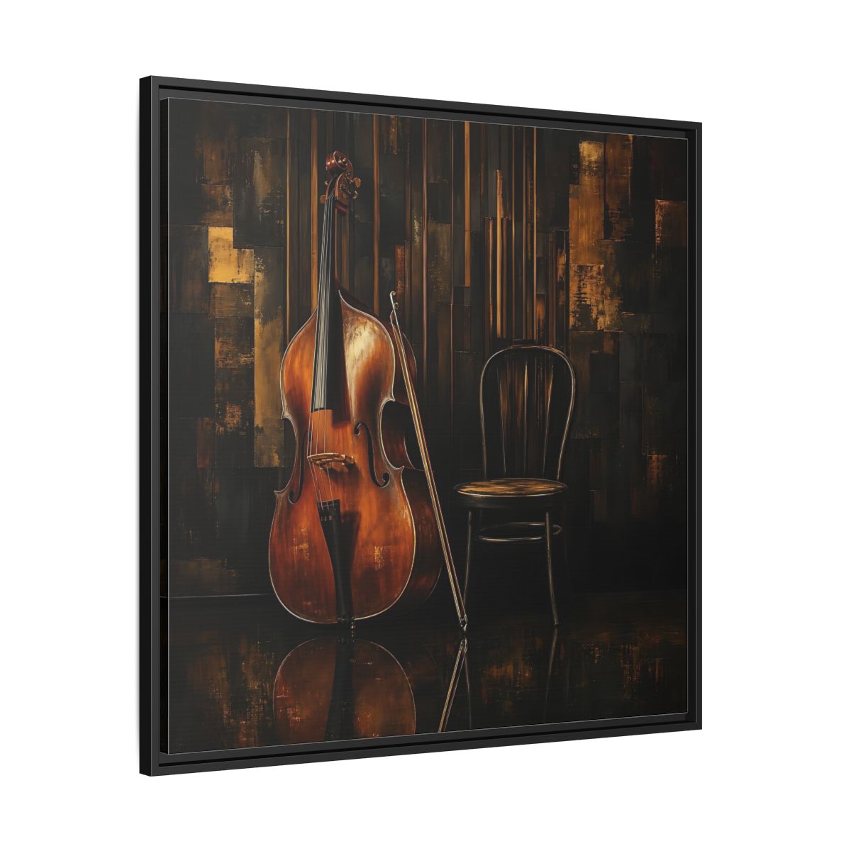 Side Mockup 30. Vintage Double Bass With Chair shown as framed canvas print