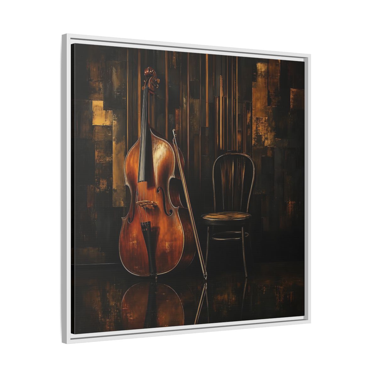 Side Mockup 25. Vintage Double Bass With Chair shown as framed canvas print