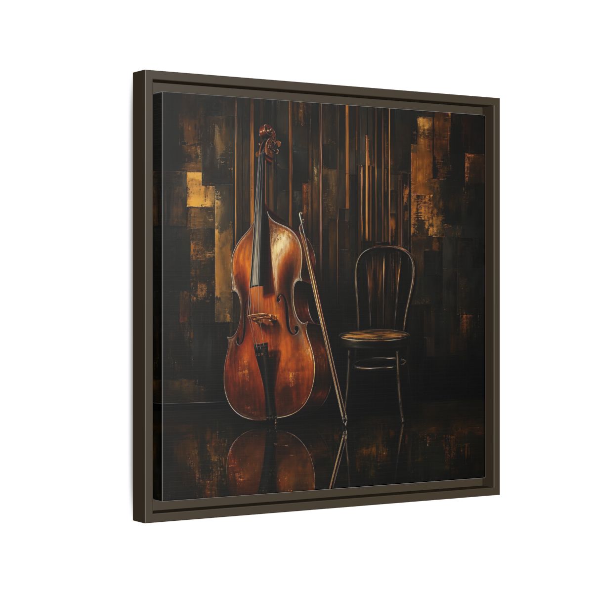 Side Mockup 11. Vintage Double Bass With Chair shown as framed canvas print