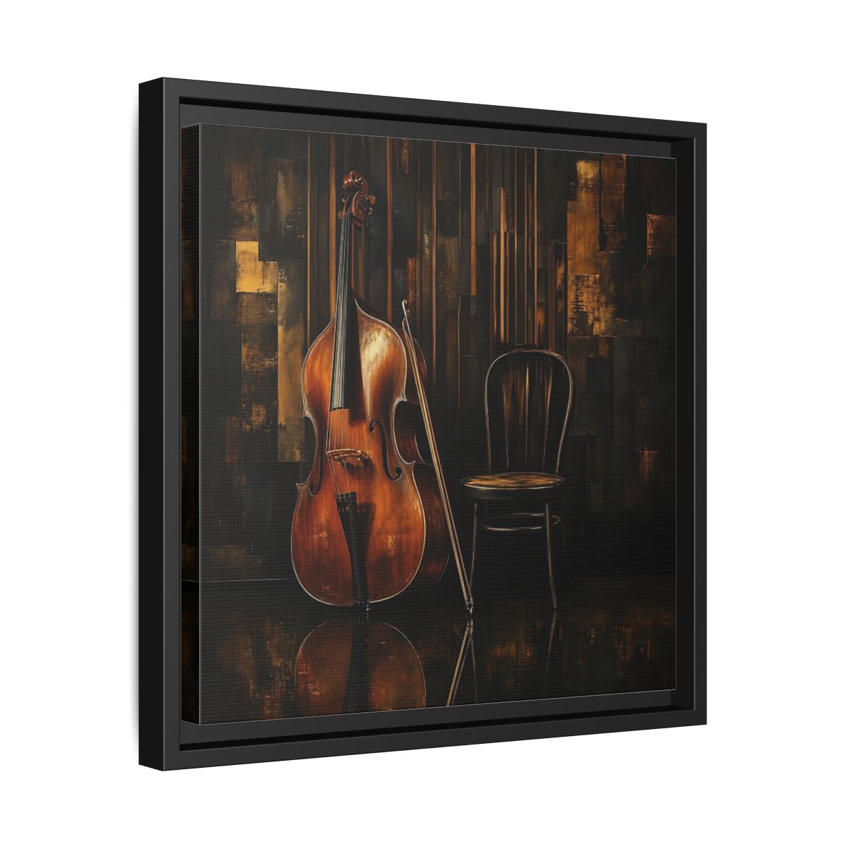Side Mockup 32. Vintage Double Bass With Chair shown as framed canvas print