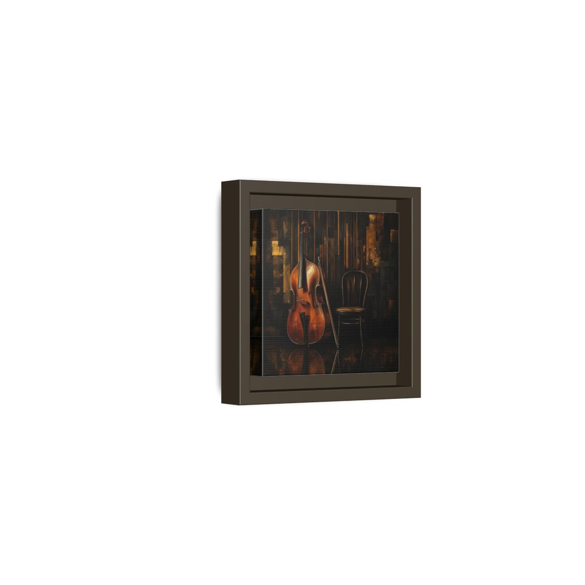 Side Mockup 23. Vintage Double Bass With Chair shown as framed canvas print