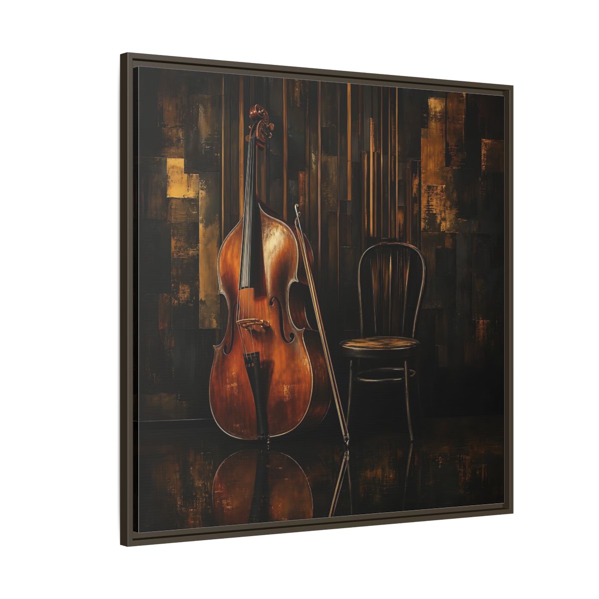 Side Mockup 5. Vintage Double Bass With Chair shown as framed canvas print