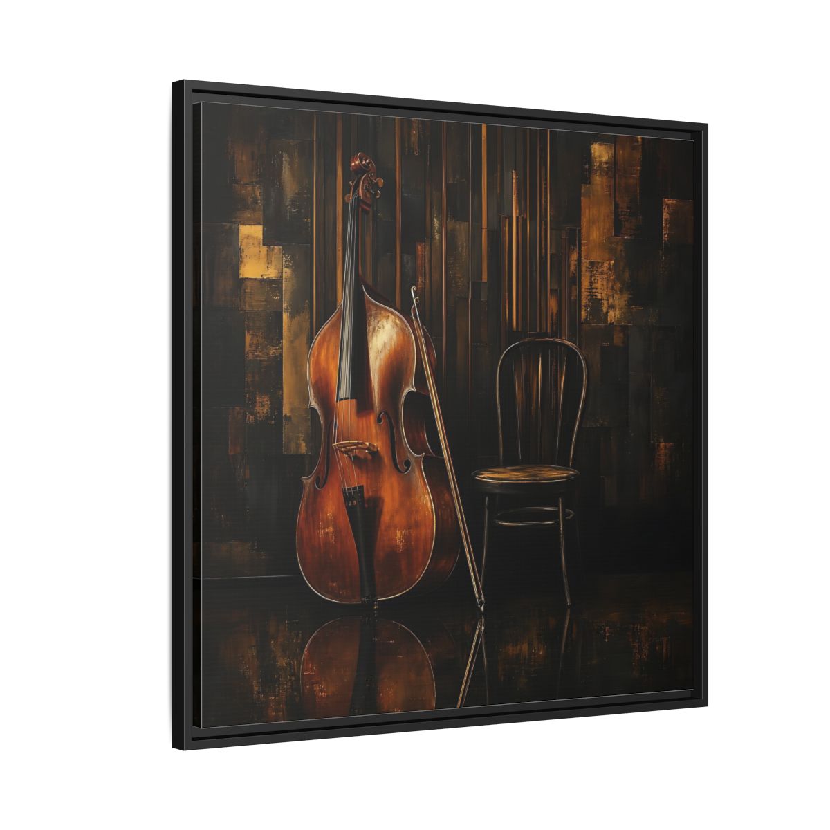 Side Mockup 9. Vintage Double Bass With Chair shown as framed canvas print
