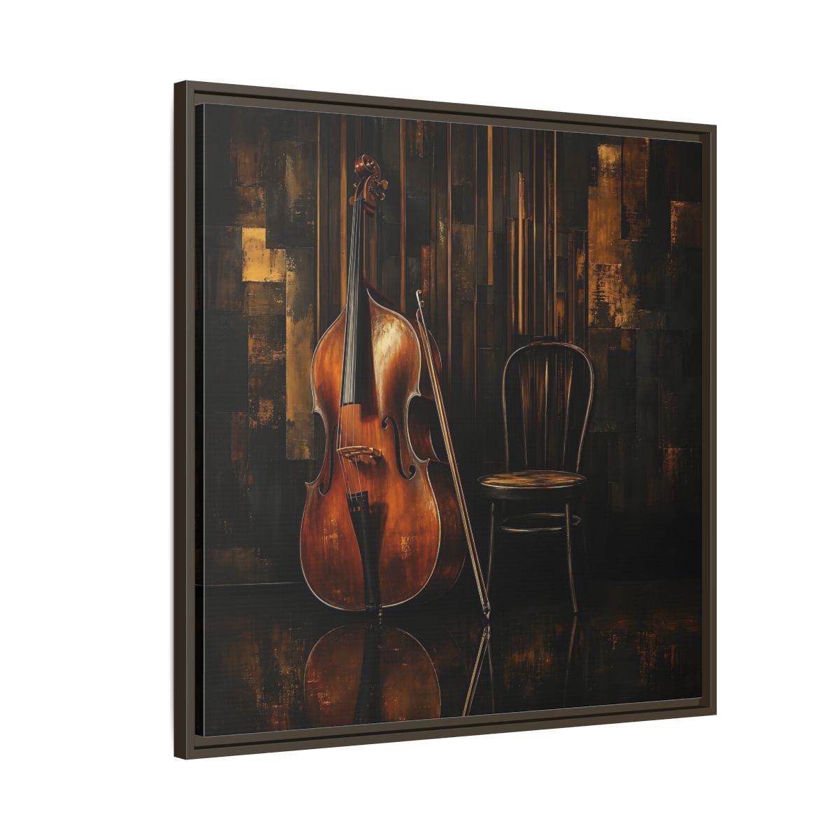 Side Mockup 8. Vintage Double Bass With Chair shown as framed canvas print