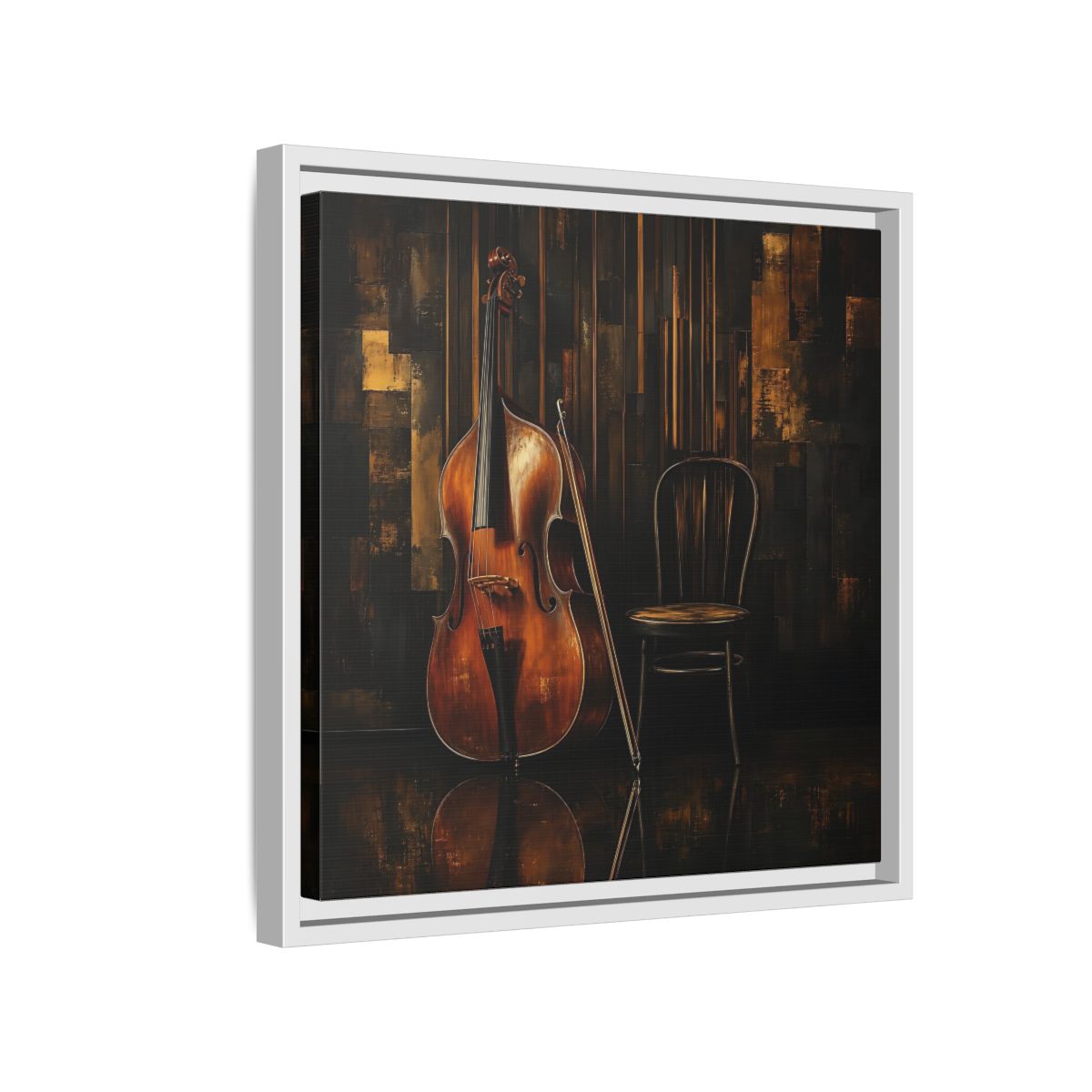 Side Mockup 13. Vintage Double Bass With Chair shown as framed canvas print