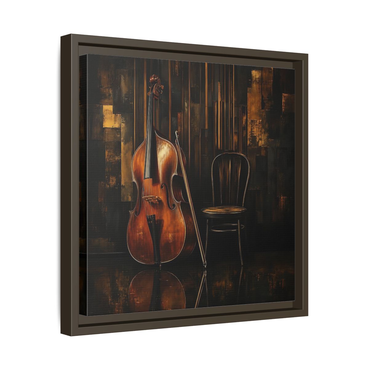 Side Mockup 29. Vintage Double Bass With Chair shown as framed canvas print
