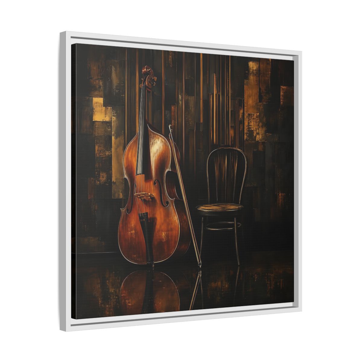 Side Mockup 26. Vintage Double Bass With Chair shown as framed canvas print