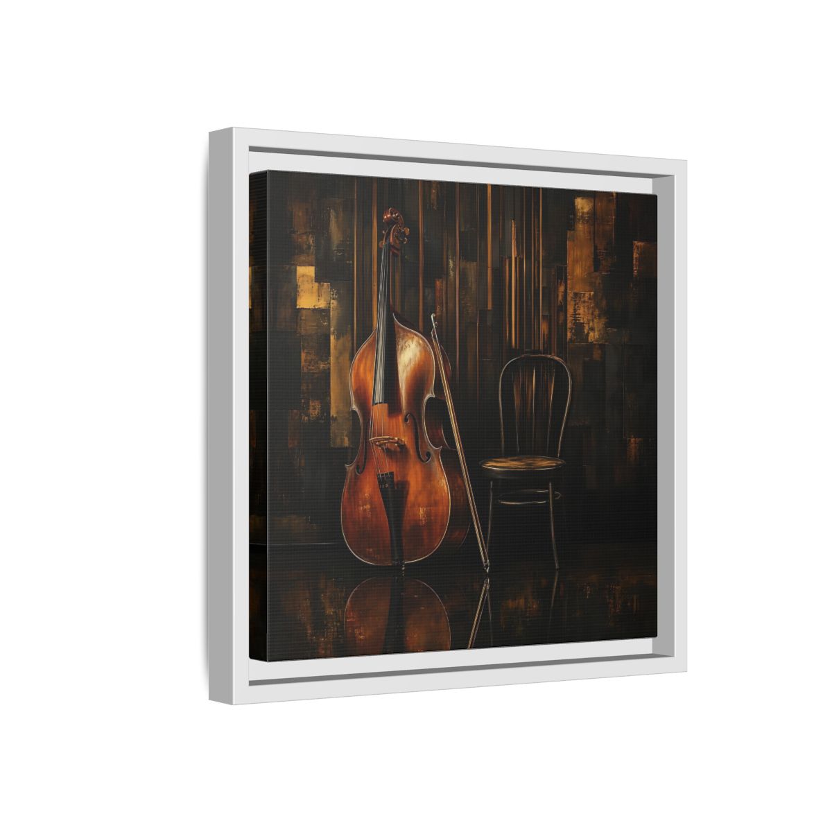 Side Mockup 16. Vintage Double Bass With Chair shown as framed canvas print