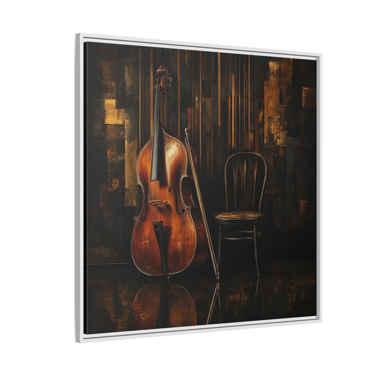 Side Mockup 4. Vintage Double Bass With Chair shown as framed canvas print
