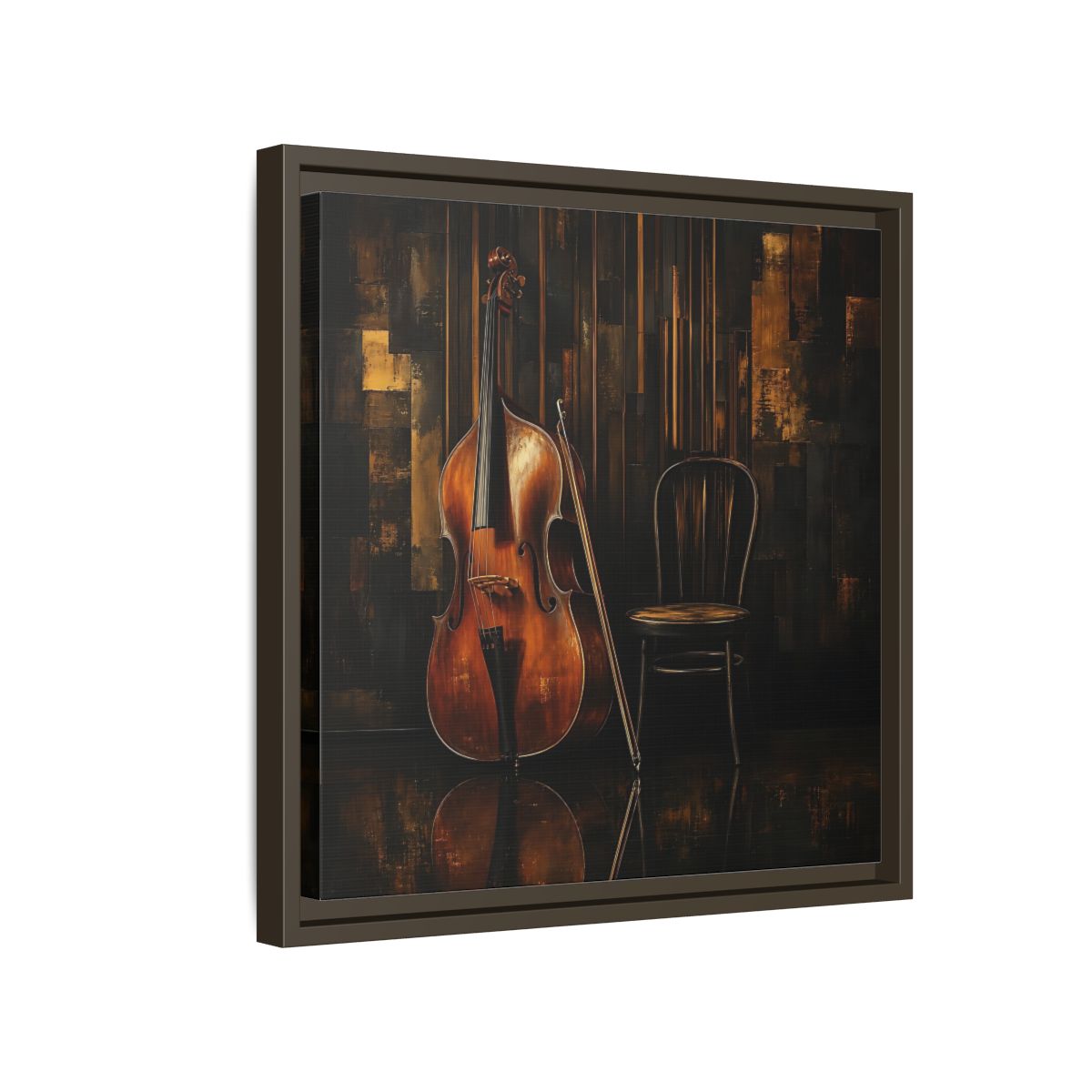 Side Mockup 14. Vintage Double Bass With Chair shown as framed canvas print