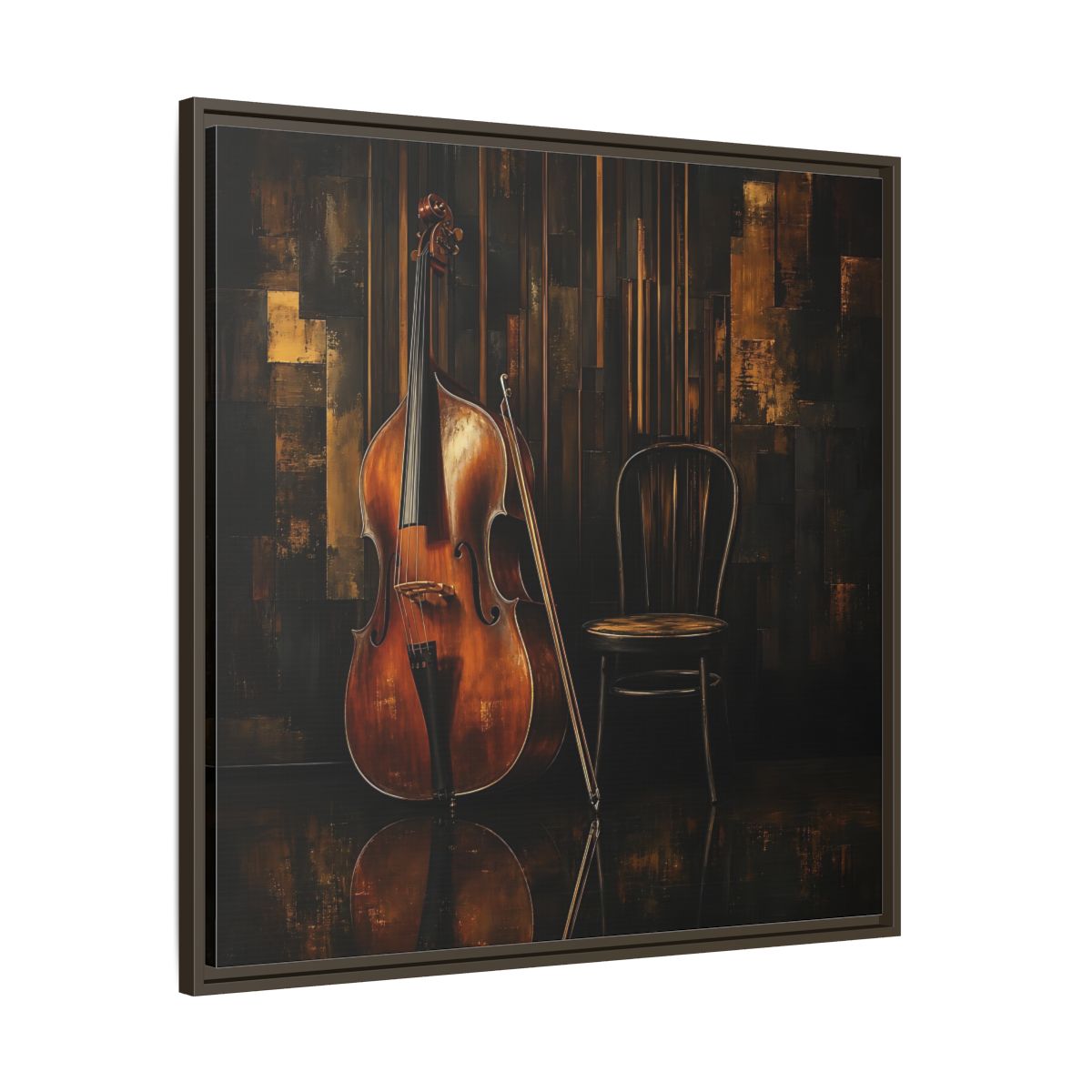Main Mockup. Vintage Double Bass With Chair shown as framed canvas print