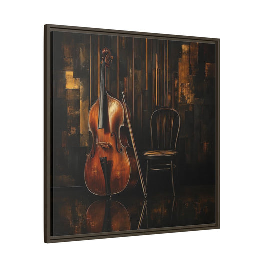 Main Mockup. Vintage Double Bass With Chair shown as framed canvas print
