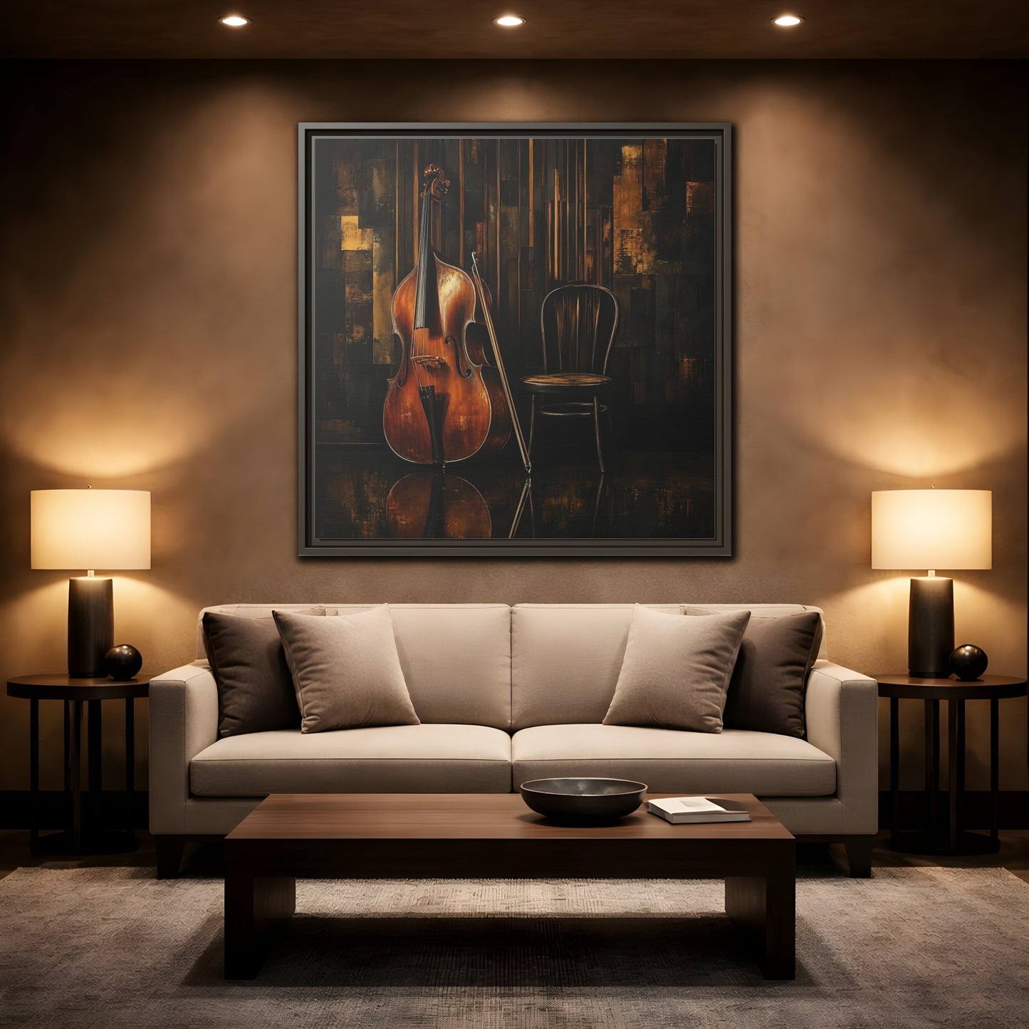 Mockup 2. Vintage Double Bass With Chair shown as framed canvas print