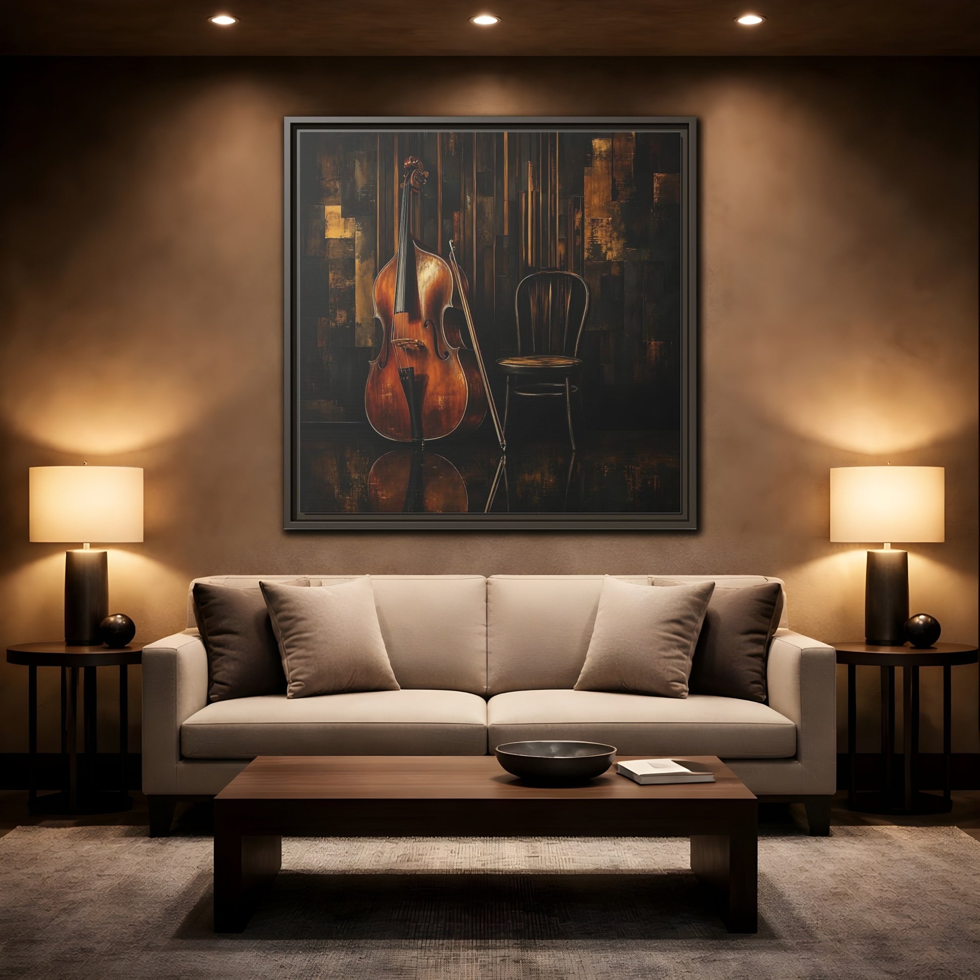 Mockup 2. Vintage Double Bass With Chair shown as framed canvas print