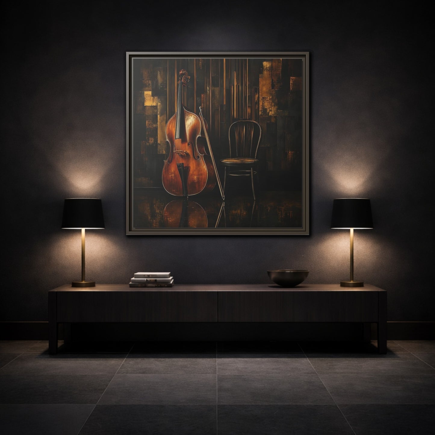 Mockup 3. Vintage Double Bass With Chair shown as framed canvas print