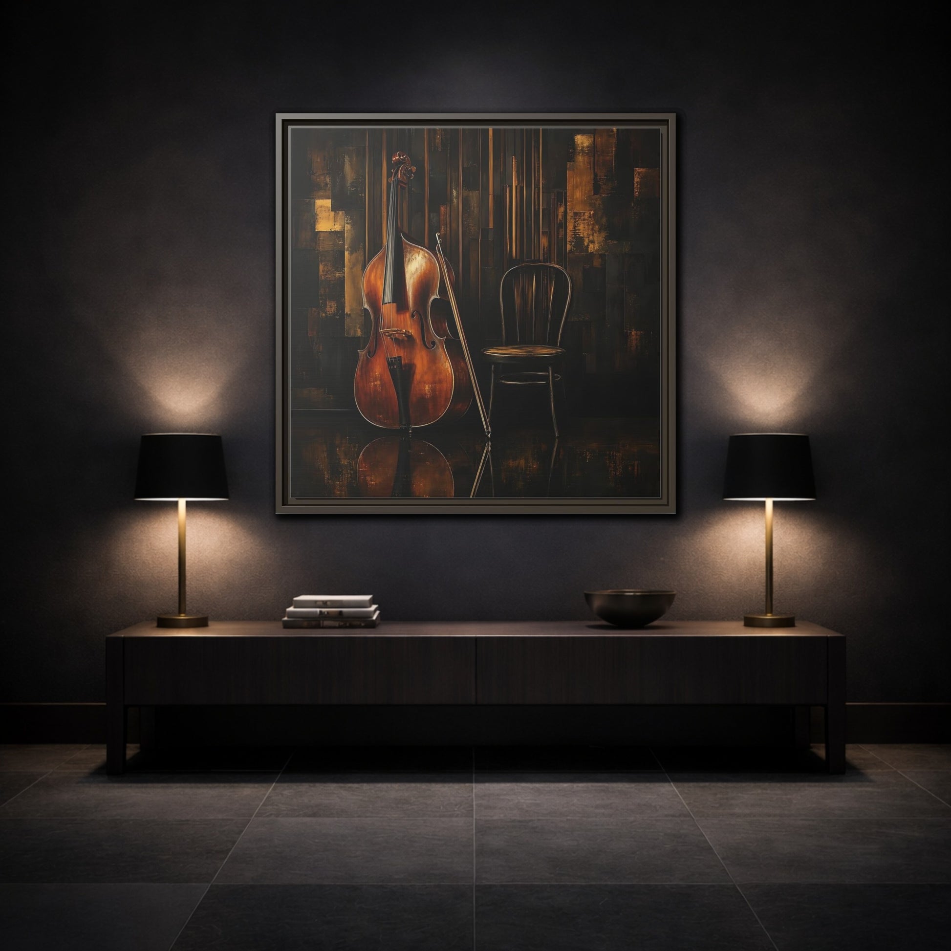 Mockup 3. Vintage Double Bass With Chair shown as framed canvas print