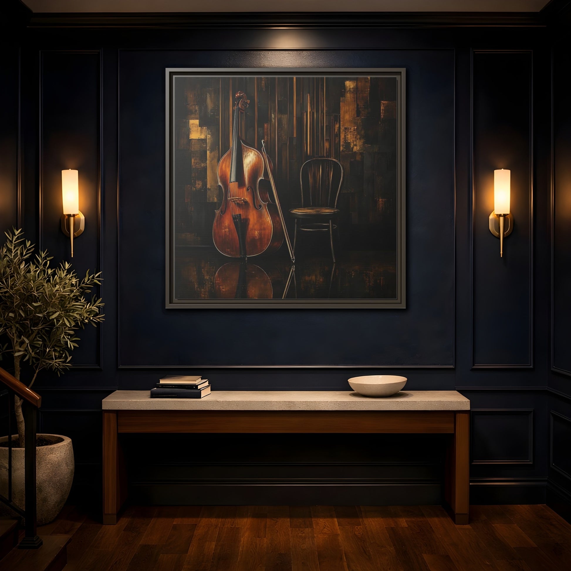 Mockup 4. Vintage Double Bass With Chair shown as framed canvas print