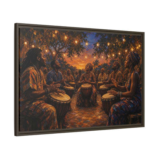 Main Mockup. Vintage Drum Circle Cultural Drumming shown as framed canvas print