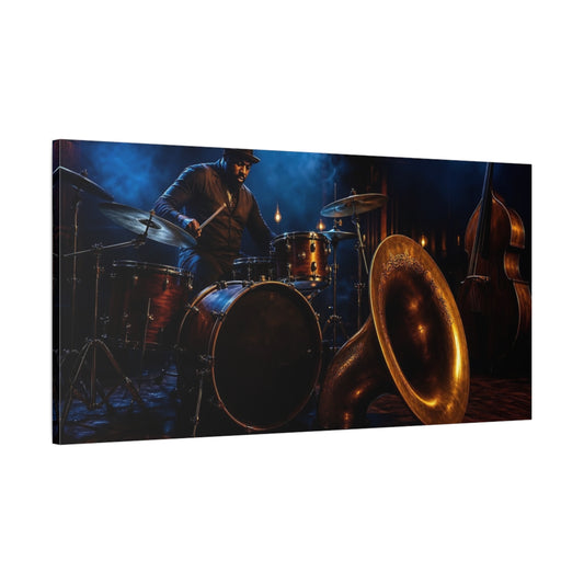 Main Mockup. Vintage Drummer Dark Jazz Scene shown as canvas print