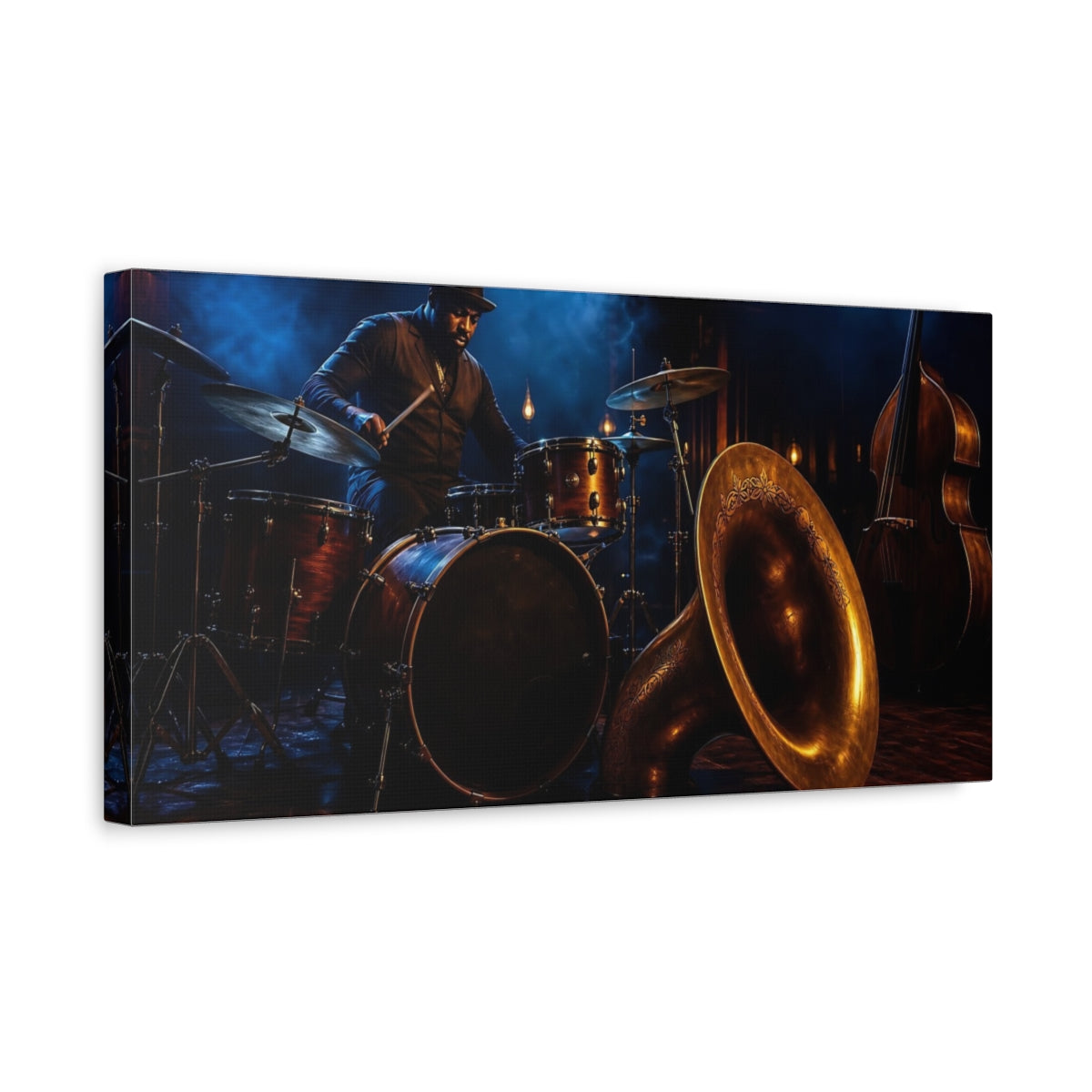 Side Mockup 3. Vintage Drummer Dark Jazz Scene shown as canvas print