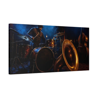 Side Mockup 1. Vintage Drummer Dark Jazz Scene shown as canvas print