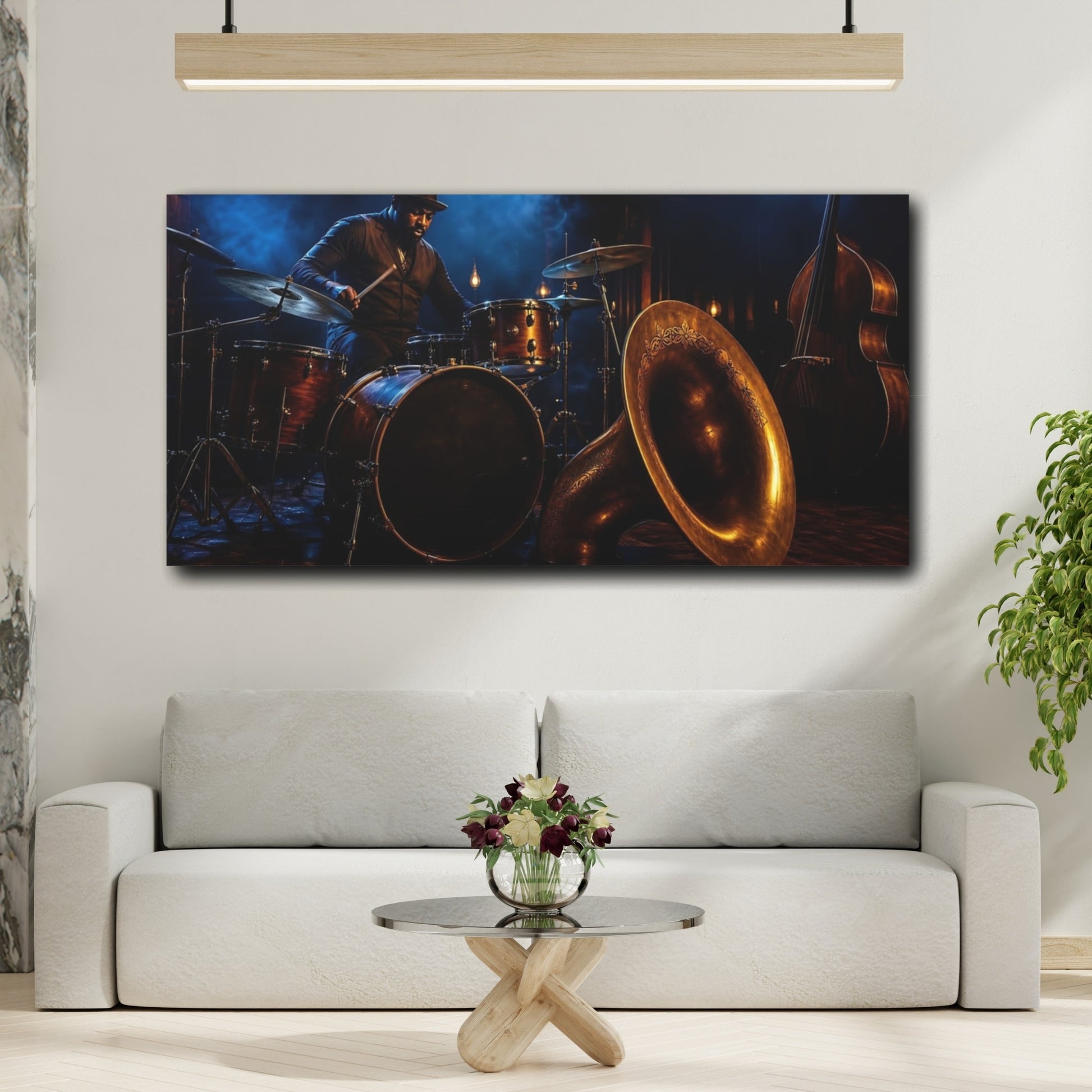 Mockup 2. Vintage Drummer Dark Jazz Scene shown as canvas print