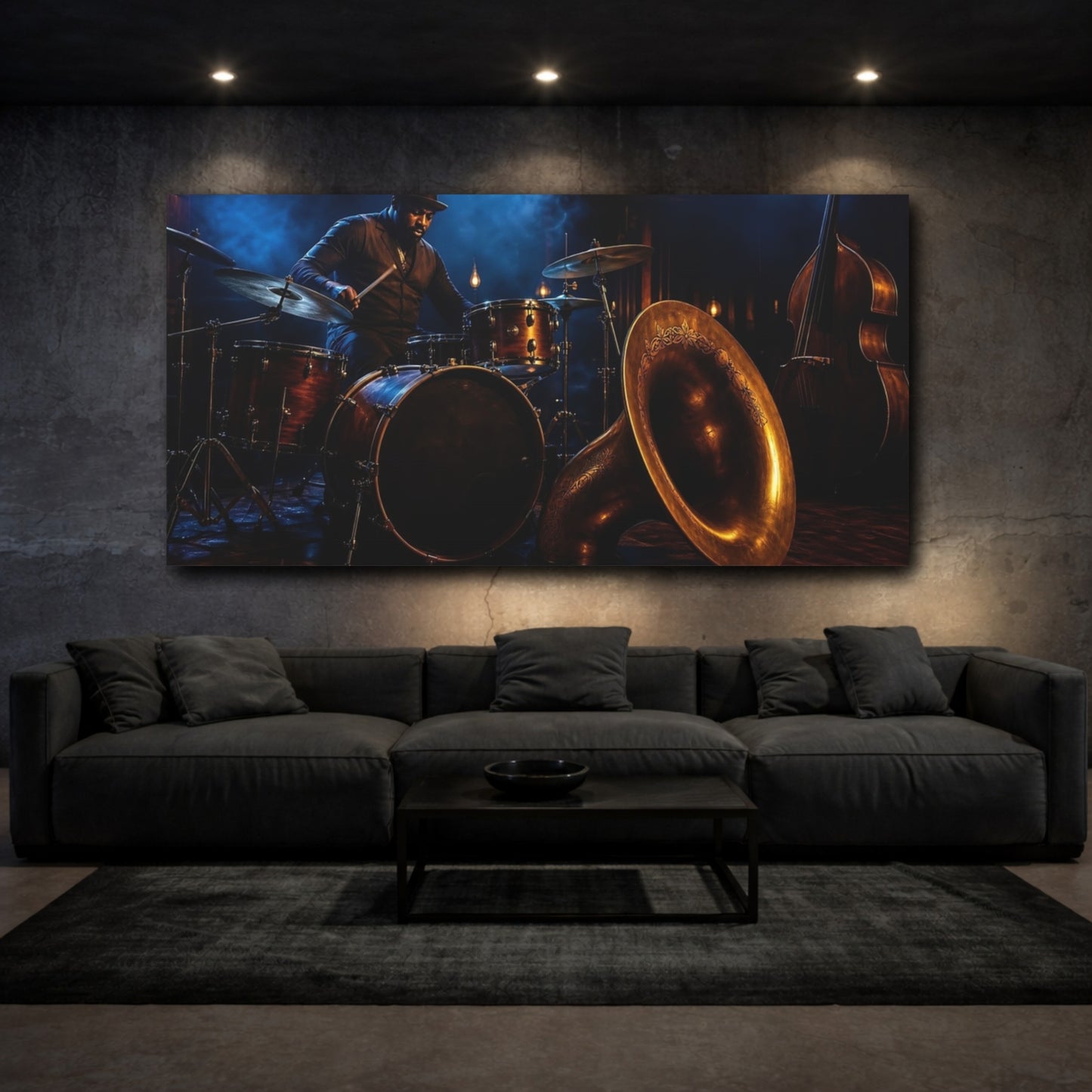 Mockup 3. Vintage Drummer Dark Jazz Scene shown as canvas print