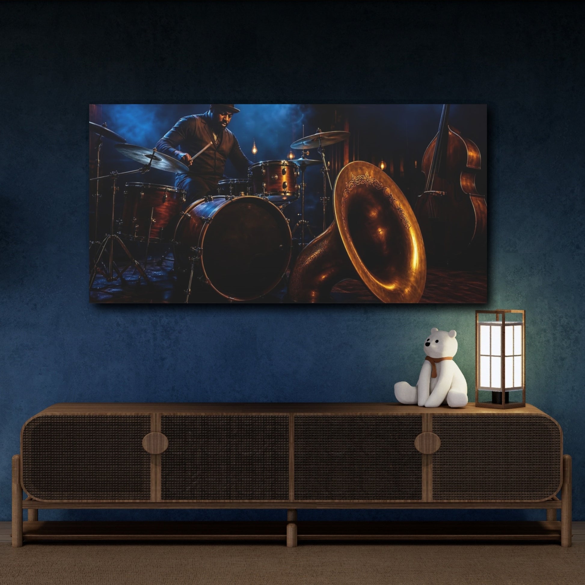 Mockup 4. Vintage Drummer Dark Jazz Scene shown as canvas print