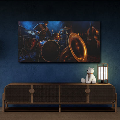 Mockup 4. Vintage Drummer Dark Jazz Scene shown as canvas print