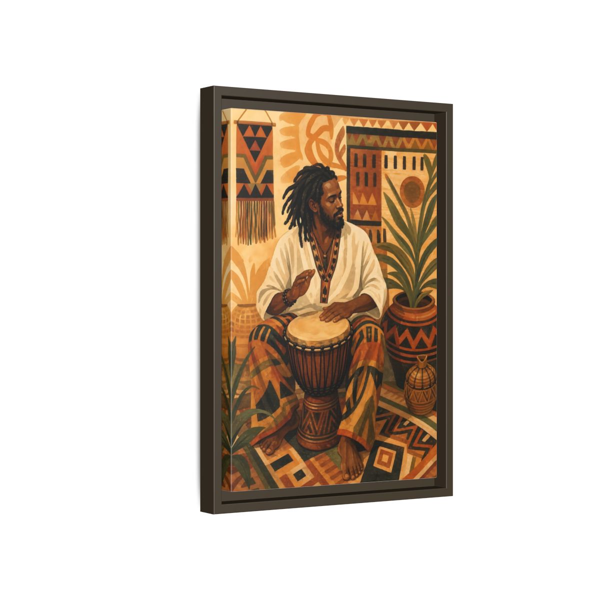 Side Mockup 5. Vintage Drummer Earthy Abstract shown as framed canvas print