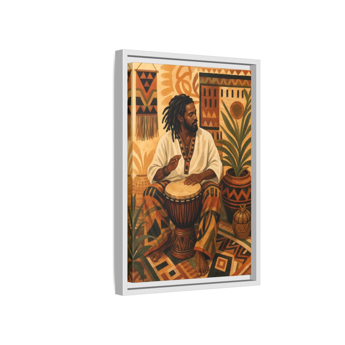 Side Mockup 4. Vintage Drummer Earthy Abstract shown as framed canvas print