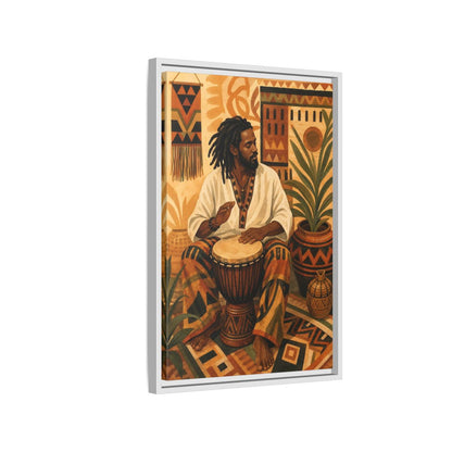 Side Mockup 1. Vintage Drummer Earthy Abstract shown as framed canvas print