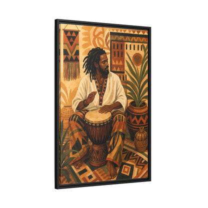 Side Mockup 13. Vintage Drummer Earthy Abstract shown as framed canvas print
