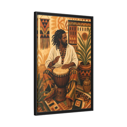 Side Mockup 14. Vintage Drummer Earthy Abstract shown as framed canvas print