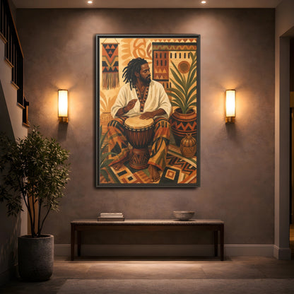 Mockup 2. Vintage Drummer Earthy Abstract shown as framed canvas print