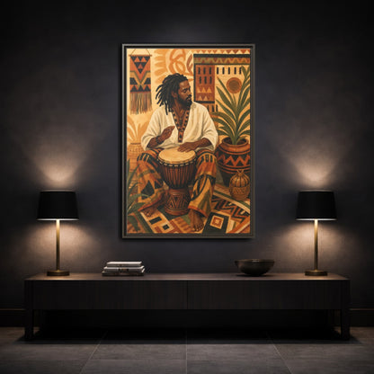 Mockup 3. Vintage Drummer Earthy Abstract shown as framed canvas print