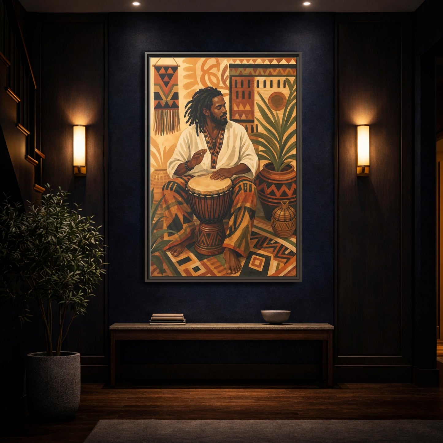 Mockup 4. Vintage Drummer Earthy Abstract shown as framed canvas print