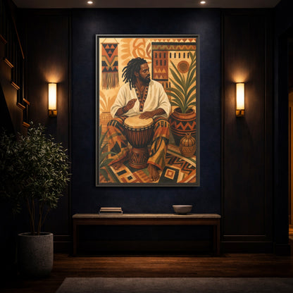 Mockup 4. Vintage Drummer Earthy Abstract shown as framed canvas print