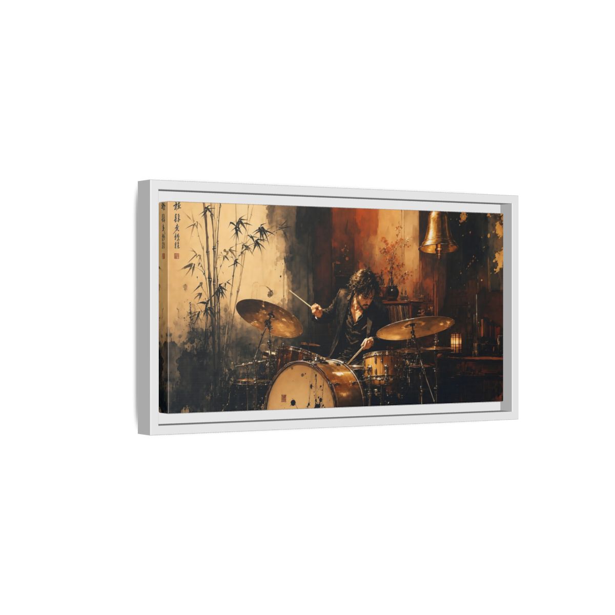 Side Mockup 6. Vintage Drummer Vintage Drummer shown as framed canvas print