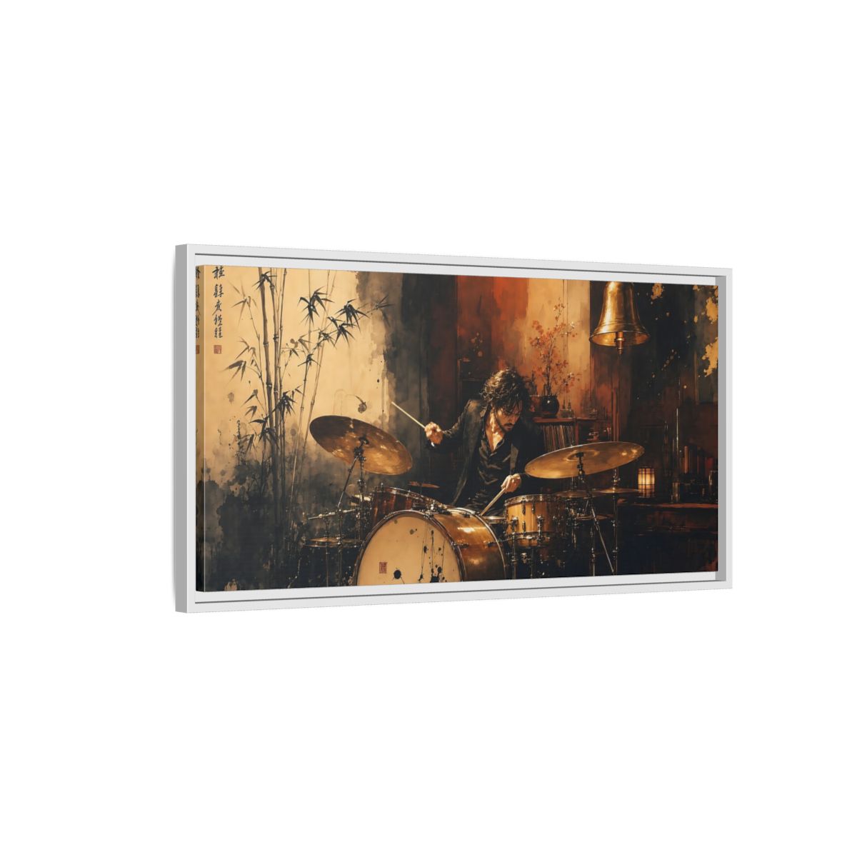 Side Mockup 1. Vintage Drummer Vintage Drummer shown as framed canvas print