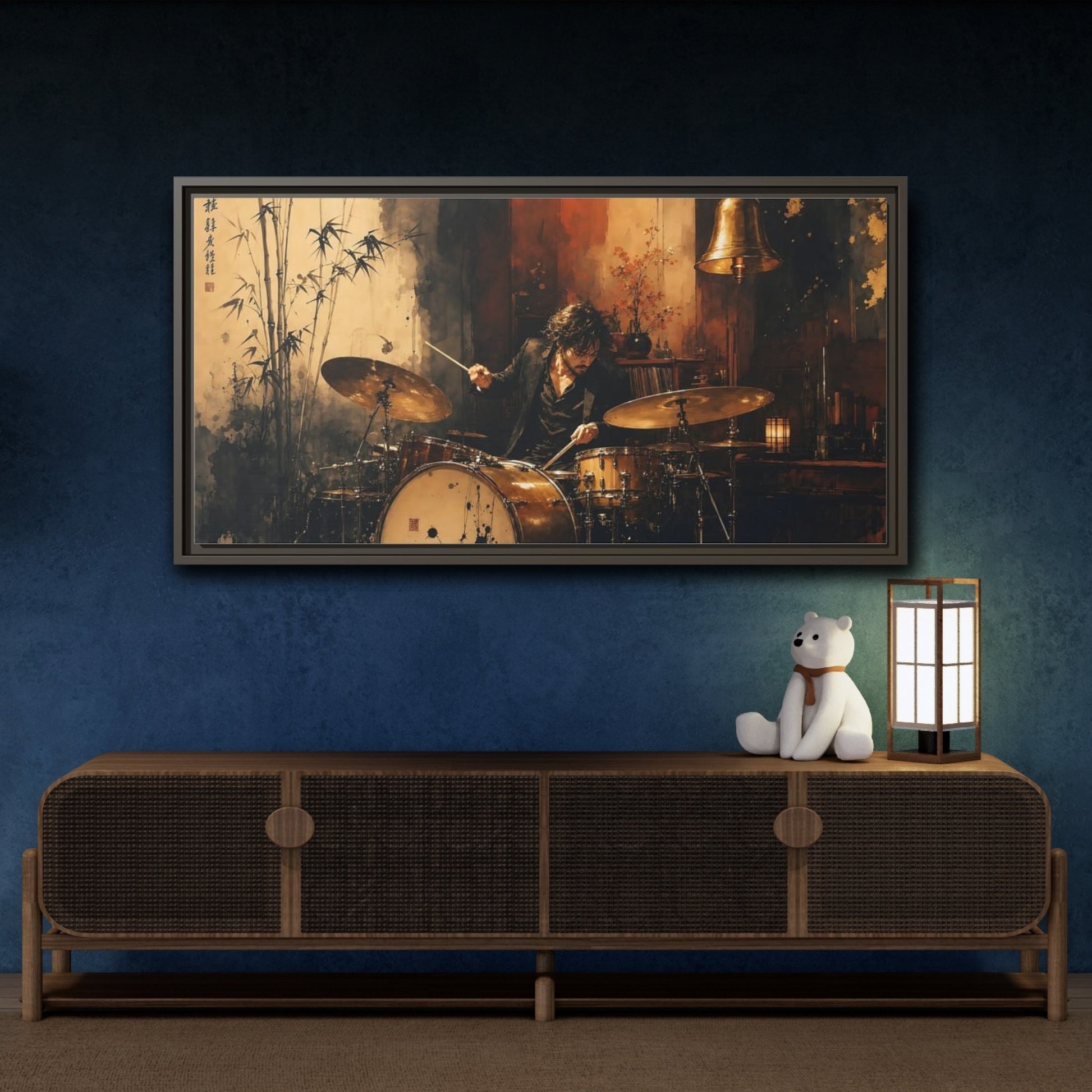 Mockup 4. Vintage Drummer Vintage Drummer shown as framed canvas print