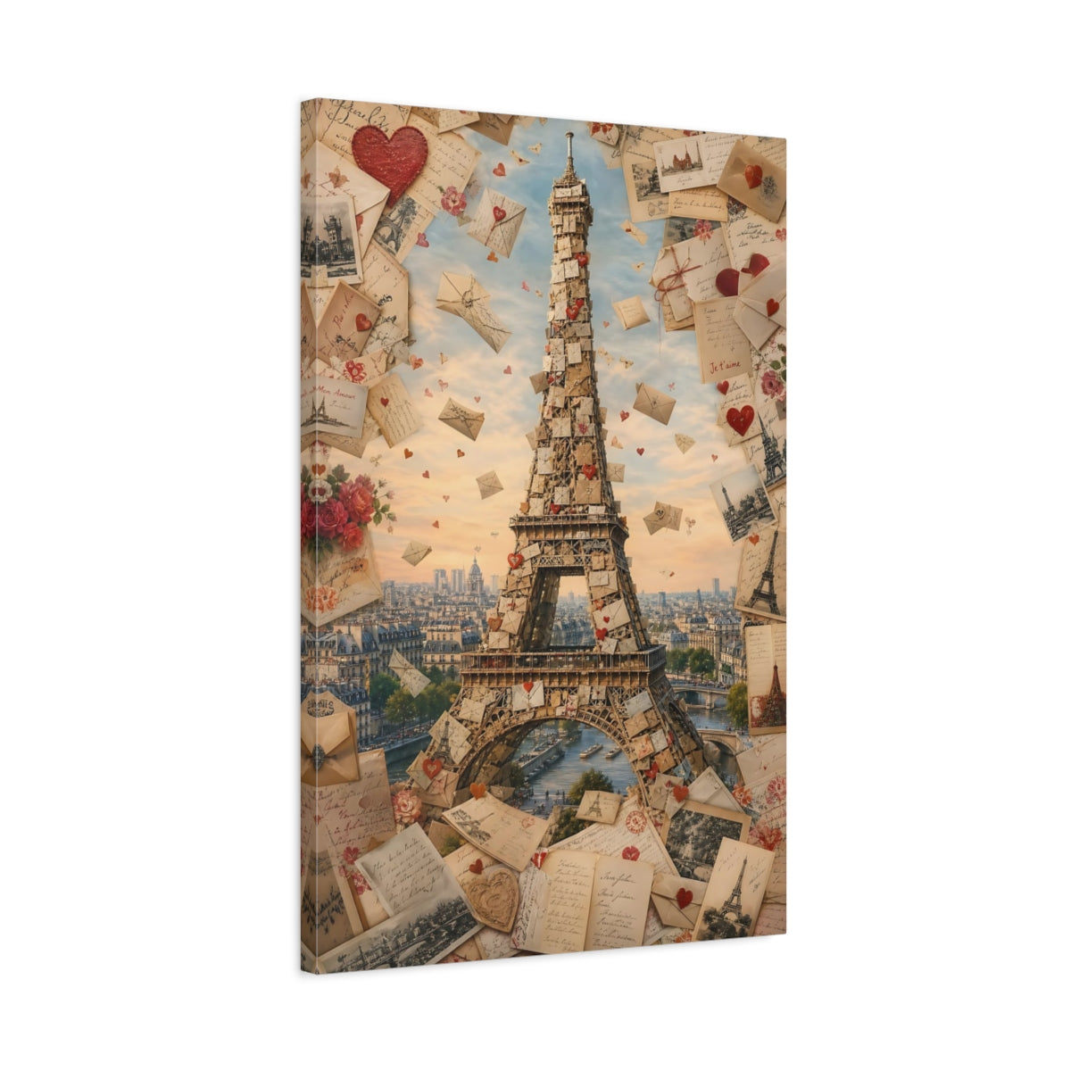 Side Mockup 2. Vintage Eiffel Tower Romantic Paris shown as stretched canvas wall art