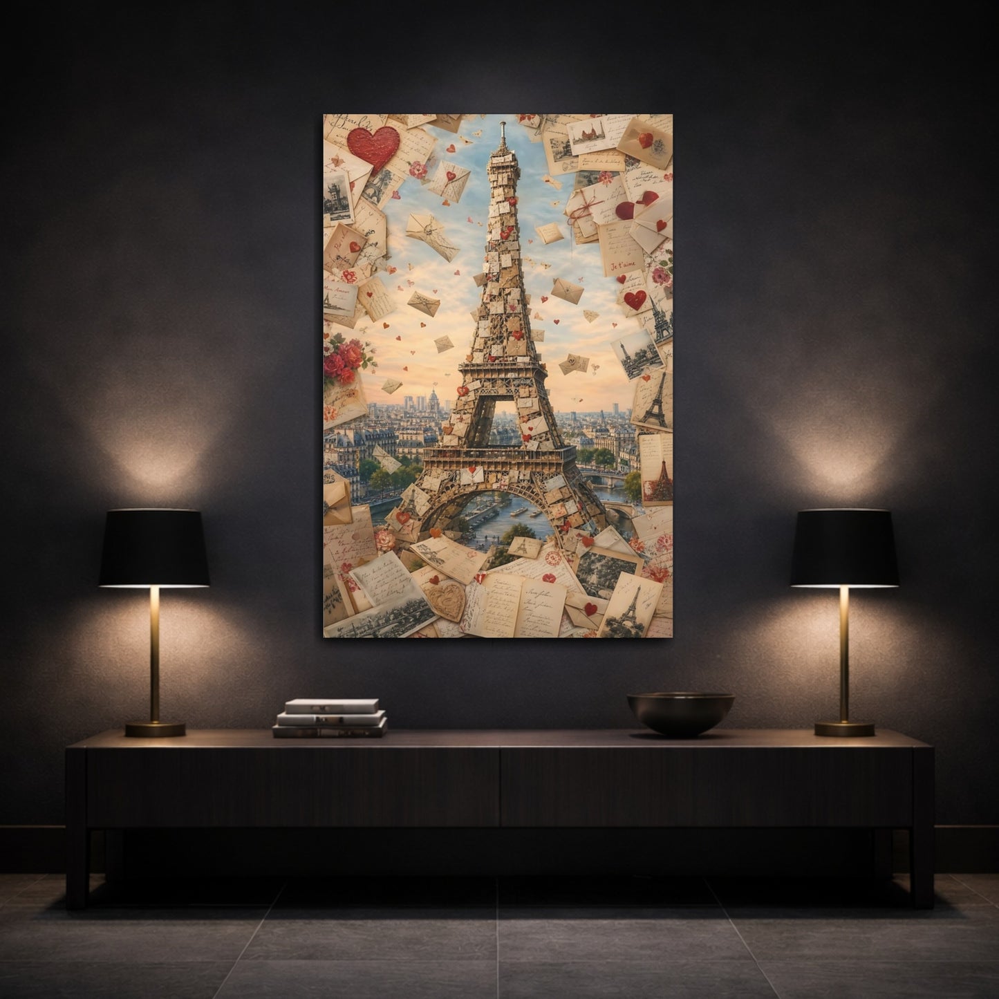 Vintage Eiffel Tower Romantic Paris Canvas Wall Art Print - Living Room shown as canvas wall art