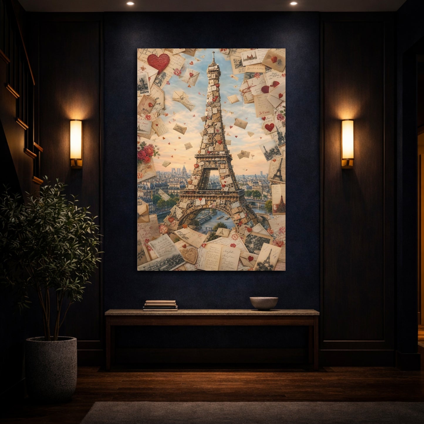 Vintage Eiffel Tower Romantic Paris Canvas Wall Art Print - Living Room shown as canvas wall art
