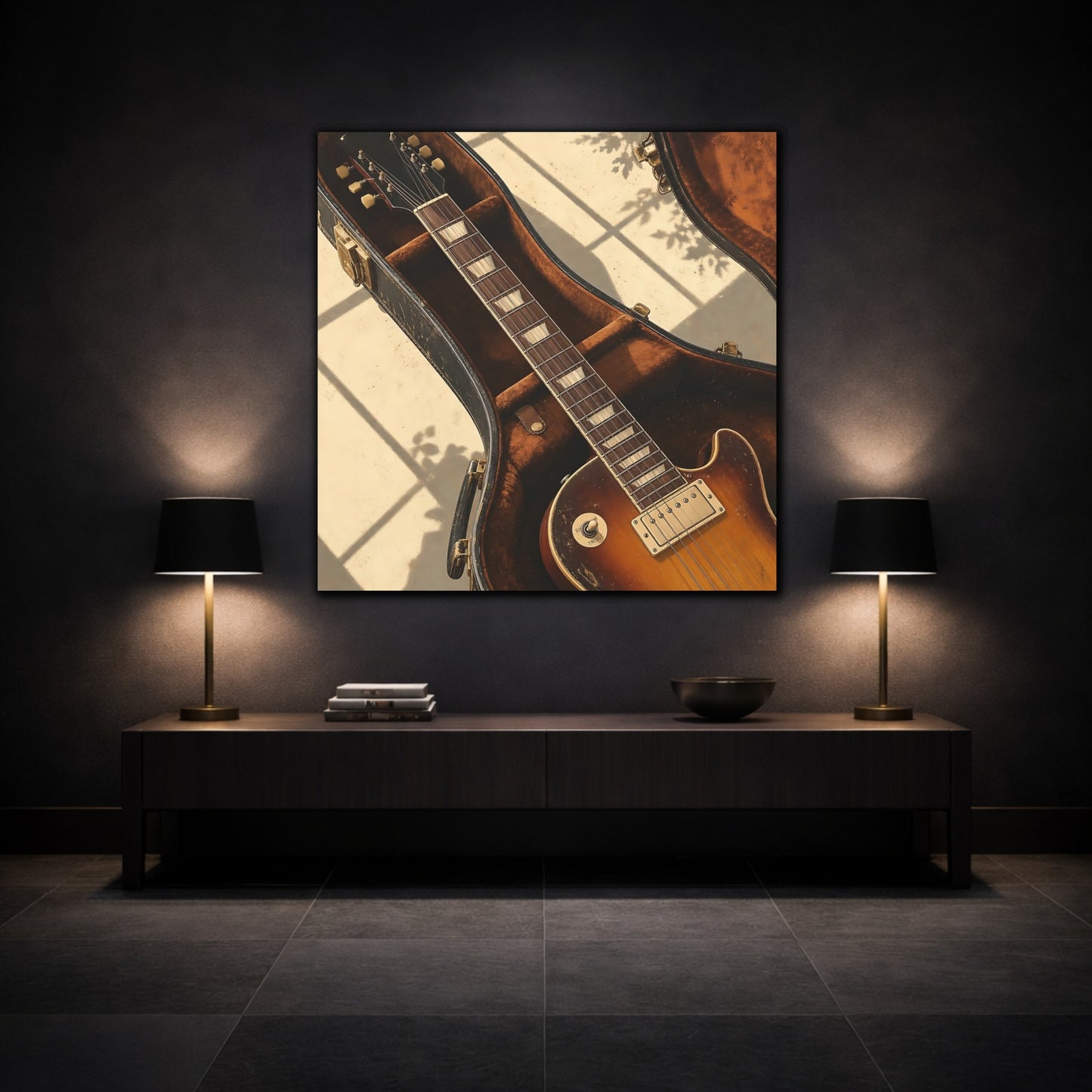 Mockup 3. Vintage Electric Guitar Vintage Guitar shown as canvas print