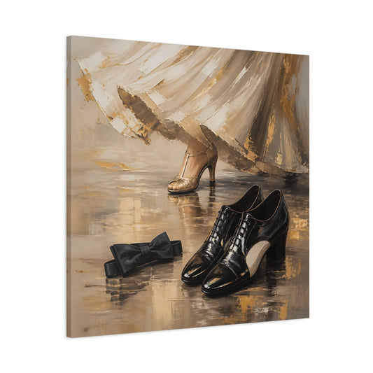 Main Mockup. Vintage Elegant Shoes Golden Black Elegance shown as canvas print